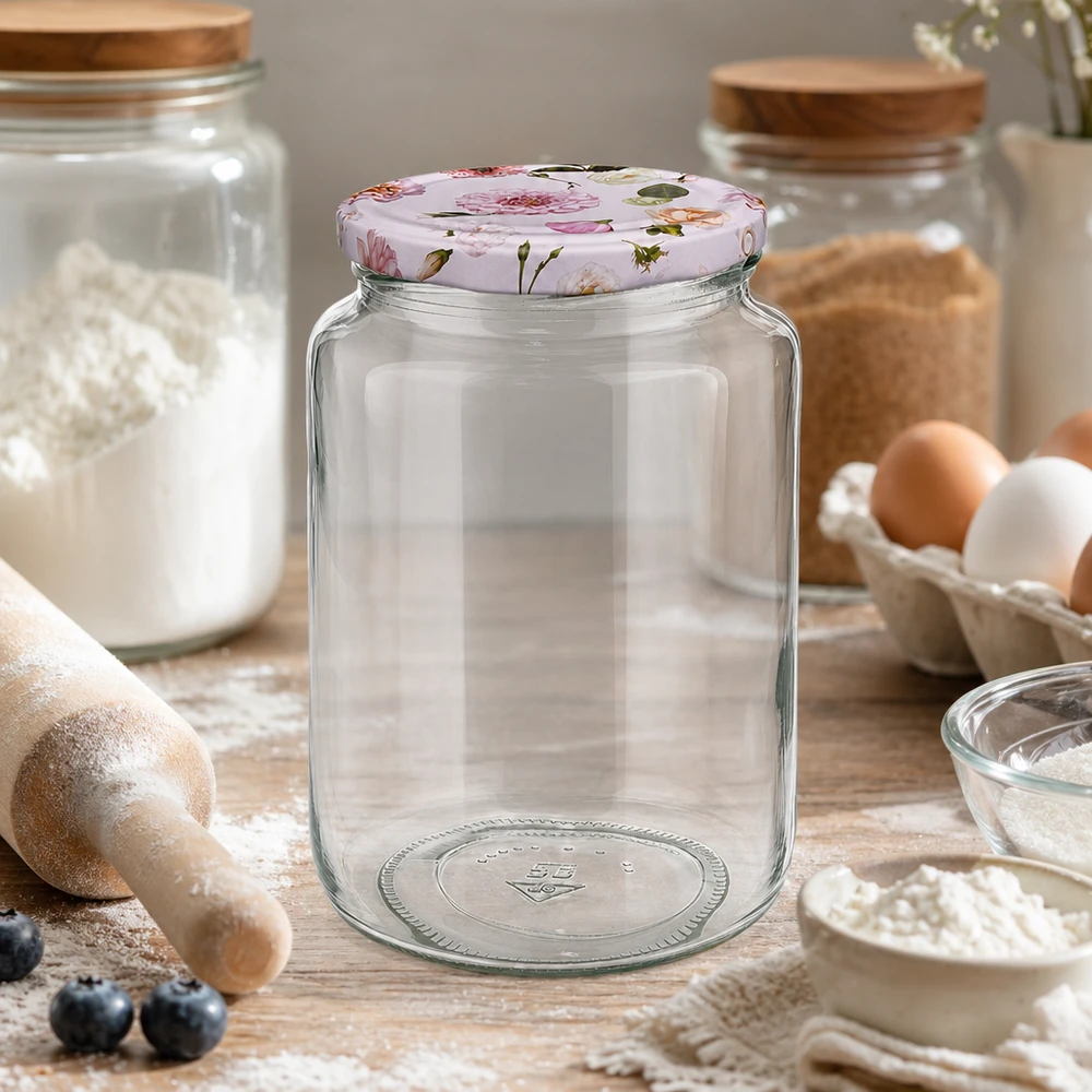 795ml kulatá sklenice + víčko BasicSeal flower pink UNiTWIST 795ml Rundglas leer auf Holztisch Küche Backzutaten Mehl Eier BasicSeal Deckel rosa Blumen Vorratsglas Einmachglas
