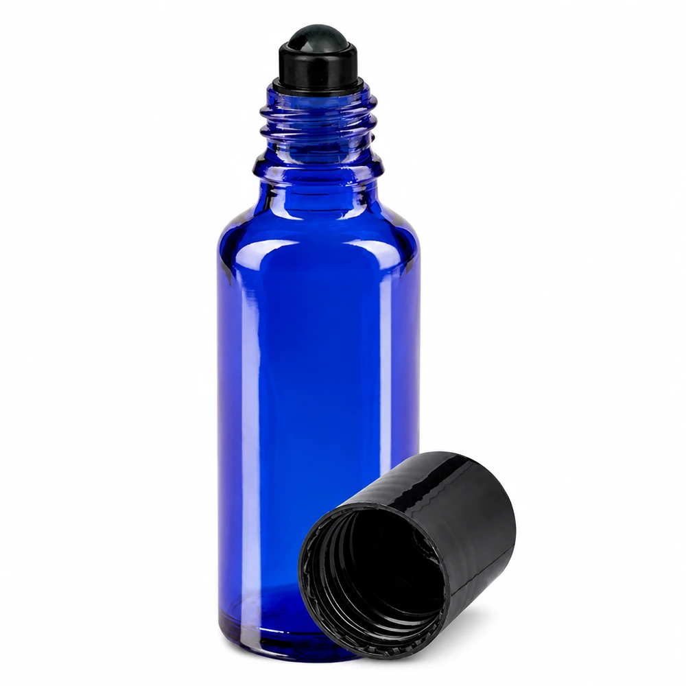 Lékárenská lahvička modrá 30ml roll-on s černým uzávěrem Roll-On Behälter 30ml blaues Apothekerglas UV-Schutz mit schwarzem Rollapplikator