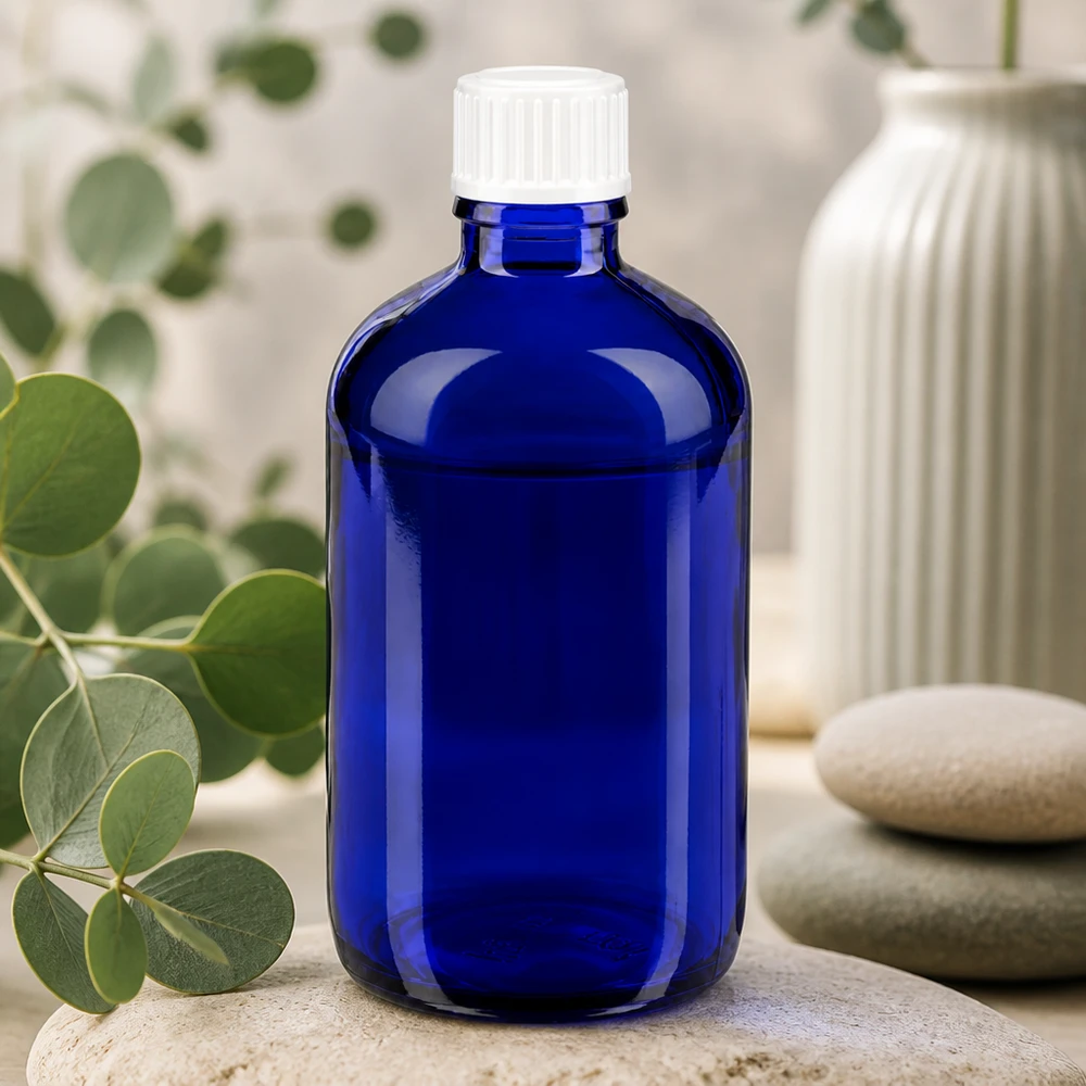 Lékárenská láhev modrá 100ml šroubovací uzávěr bílý globule standardní Kompakte 100ml Apothekerflasche blau mit manipulationssicherem weißem Deckel
