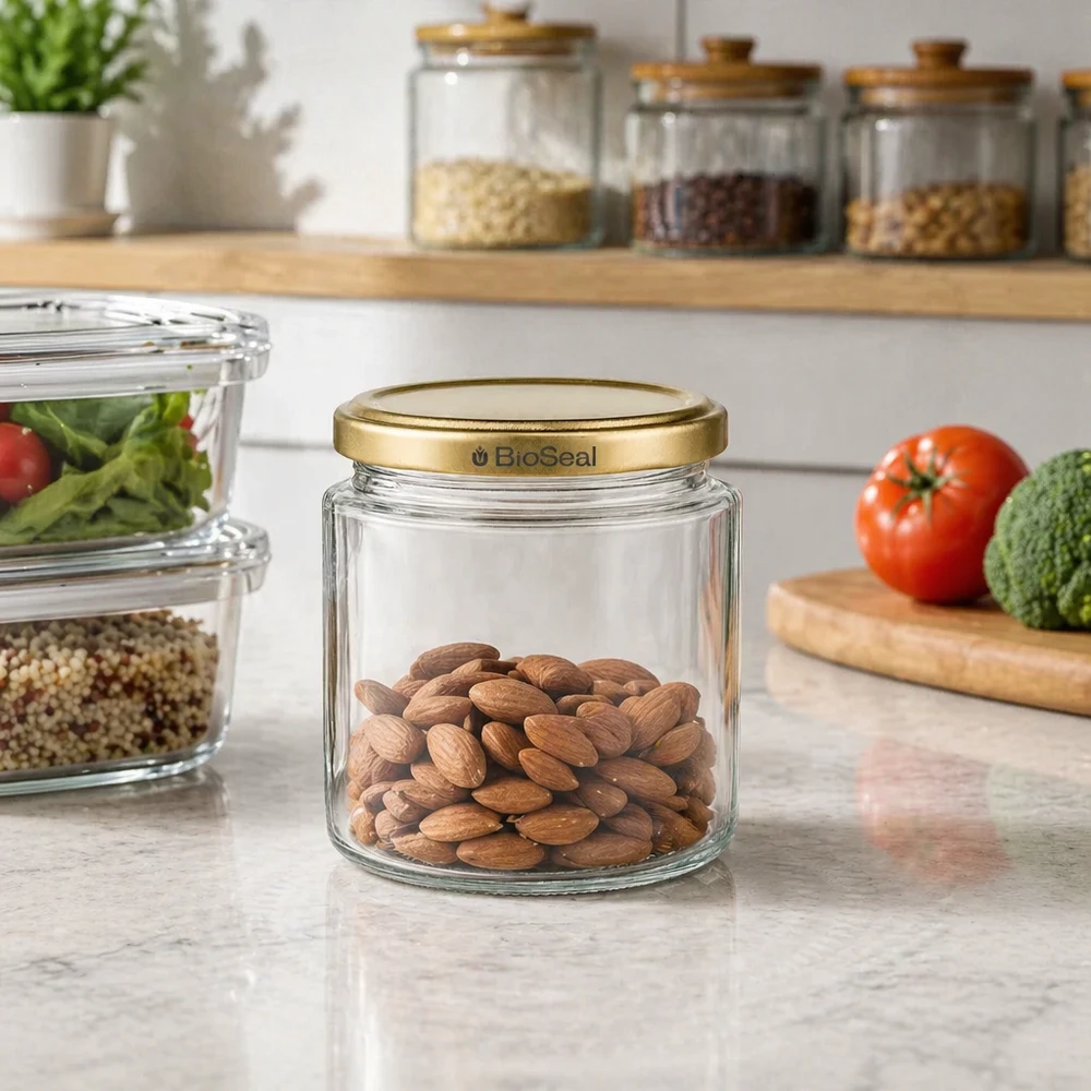 BioSeal Vorratsglas 250ml mit Mandeln gefüllt in Küche, goldener UNiTWIST Deckel für Nüsse und trockene Lebensmittel