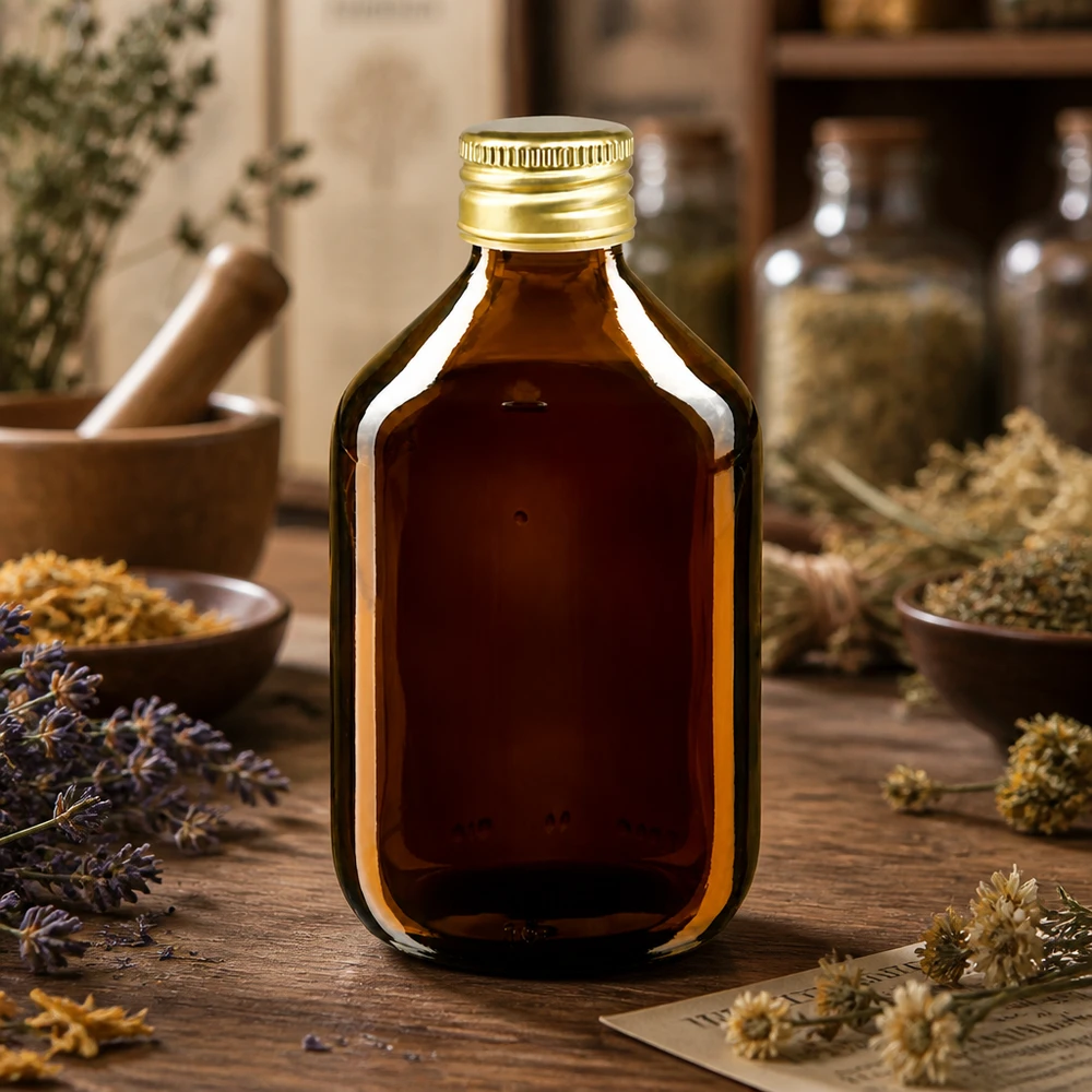 300ml lahvička na léky hnědá, se zlatým hliníkovým uzávěrem ApoGlas Vielseitige 300ml Braunglasflasche ideal für Kräuterextrakte ätherische Öle und Heilmittel