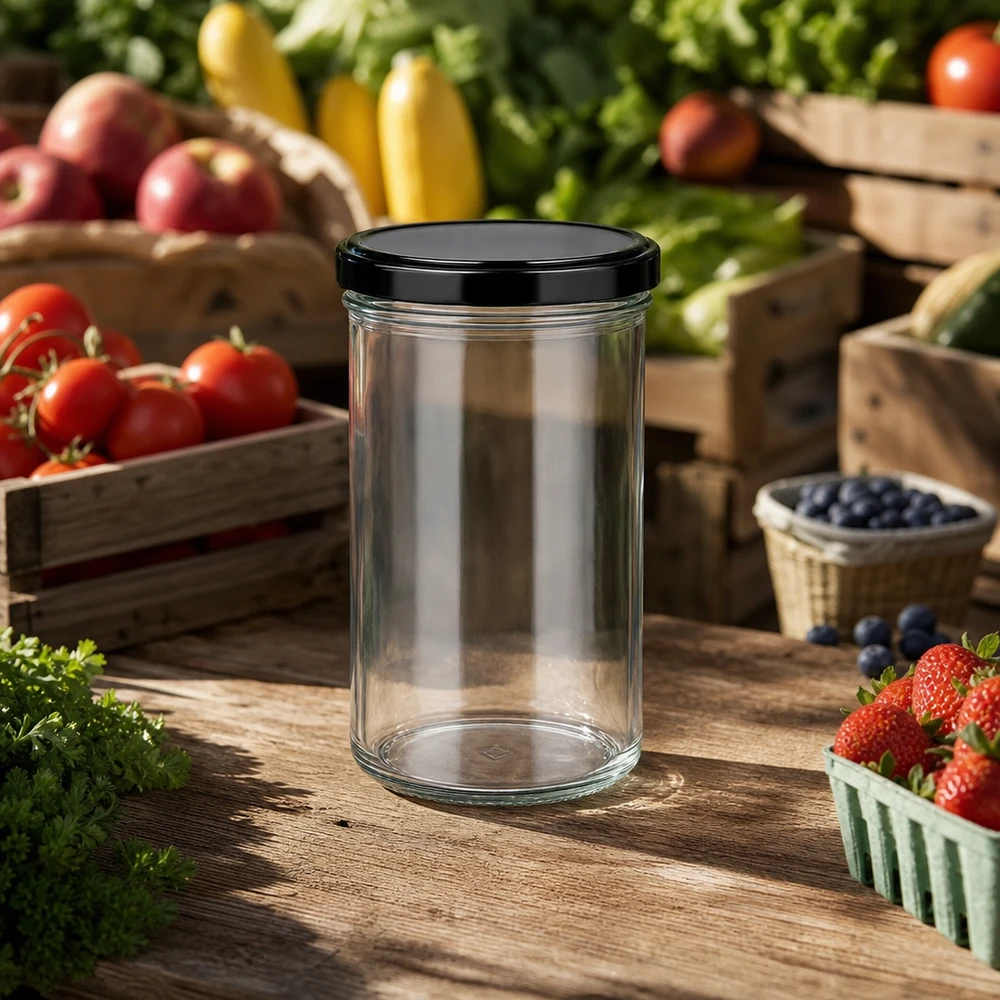 277ml kelímky s víčkem BasicSeal černé UNiTWIST 277ml Sturzglas mit schwarzem Deckel auf Holztisch mit Tomaten Erdbeeren Blaubeeren Marmeladenglas Einweckglas