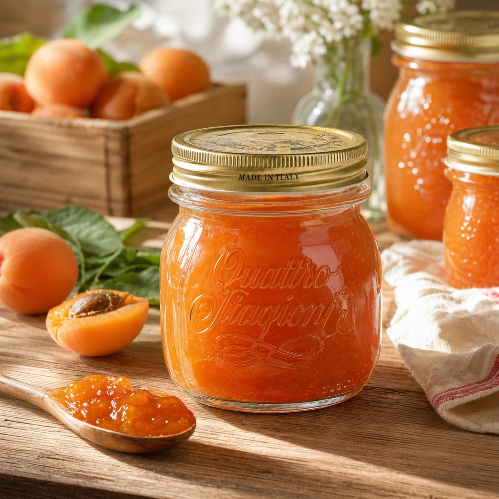 250ml kulatá dóza "Quattro Stagioni" s víčkem Quattro Stagioni Rundglas 250ml mit Schraubdeckel gefüllt mit Aprikosenmarmelade auf Holztisch mit frischen Aprikosen