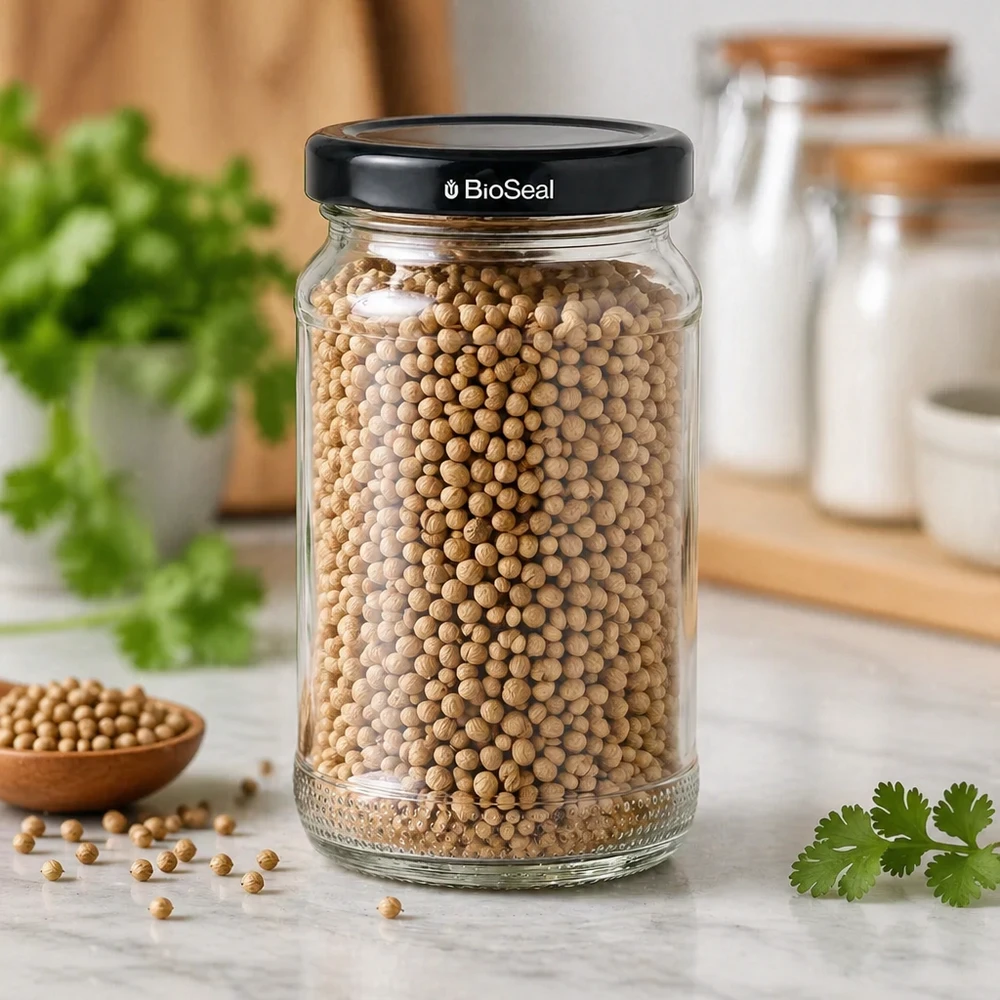Kulatá sklenice 110 ml + víčko BioSeal černé UNiTWIST. UNiTWIST Runda110 Vorratsglas mit Koriandersamen gefüllt und schwarzem TO48 BioSeal Deckel in moderner Küche