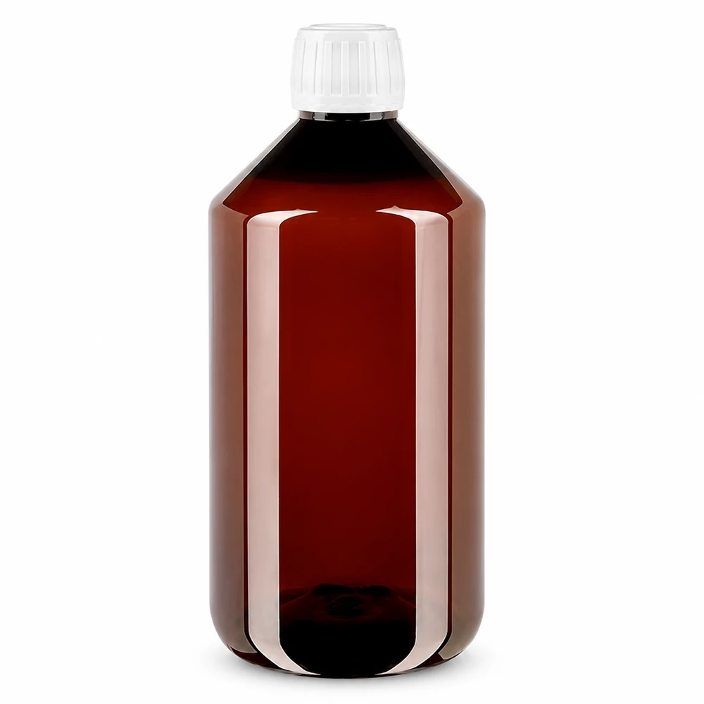 PET láhev o objemu 750 ml, hnědá, s bílým bezpečnostním uzávěrem z průhledného plastu