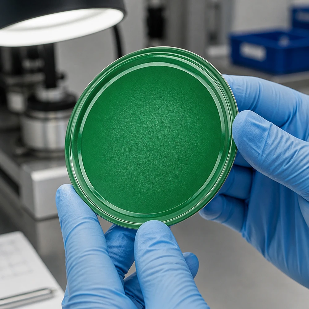 Pohled na laboratoř: 82 mm BasicSeal víčko zelené TO82 UNiTWIST v ruce v rukavici