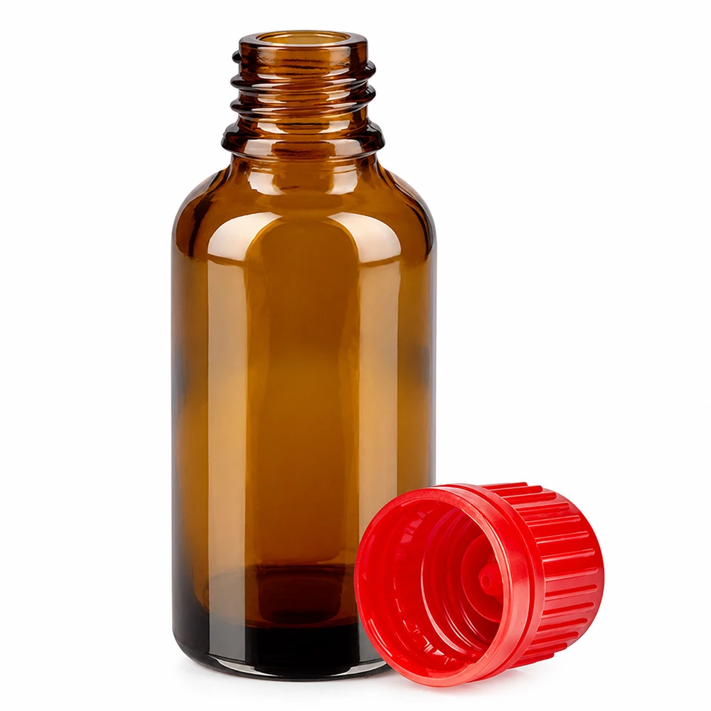 Bernsteinfarbene 30ml Flasche mit schützendem Braunglas und leuchtend rotem Schraubverschluss