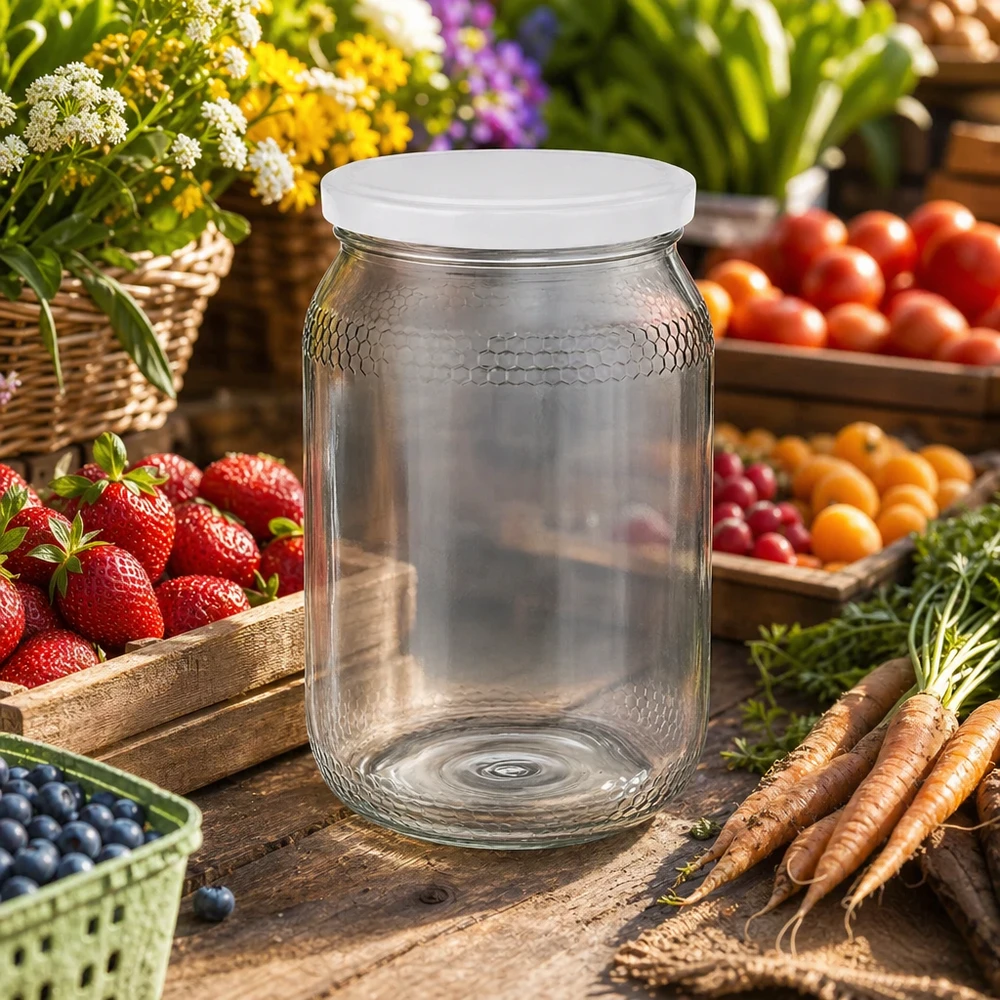1260g Honigglas + BasicSeal Deckel weiß UNiTWIST Leeres 900ml Honigglas mit weißem BasicSeal Deckel zwischen frischem Obst und Gemüse zeigt natürliche Verwendung