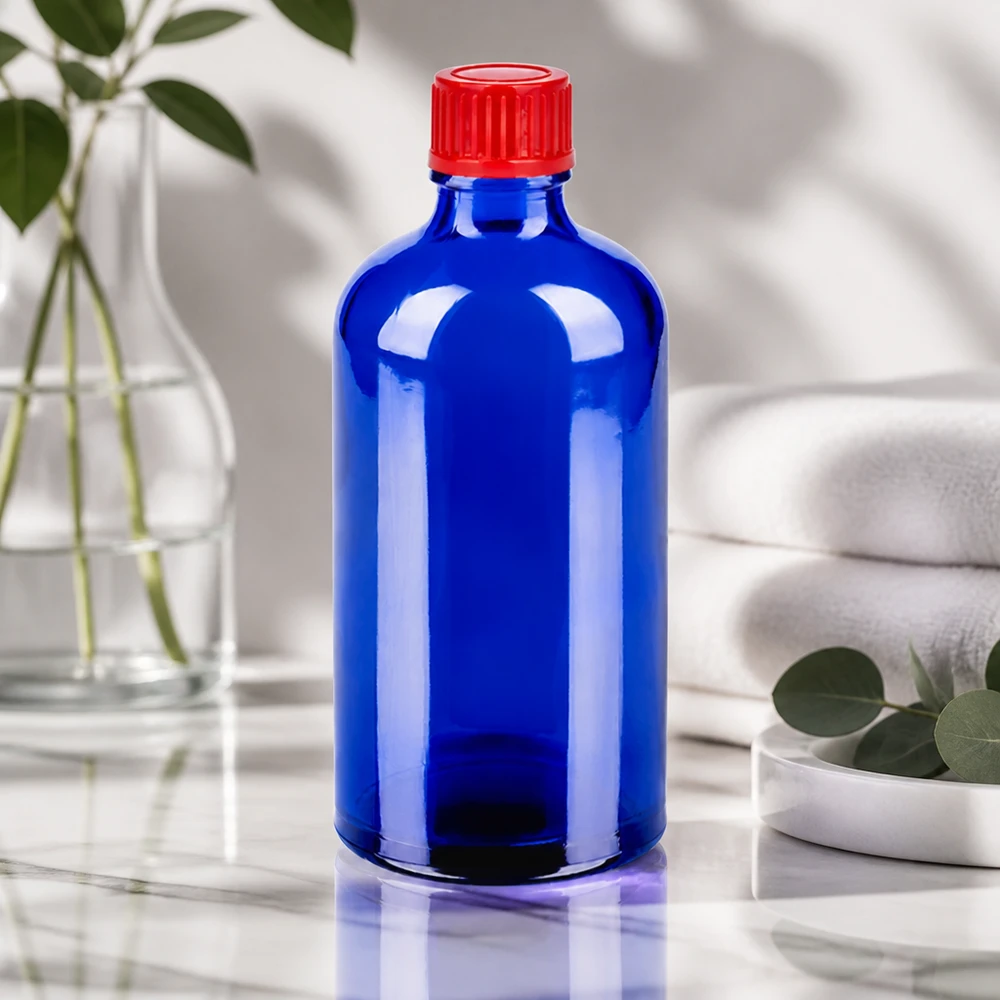 100ml lahvička 11mm šroubovací uzávěr červená Standard BlueLine UT18/100 100ml STD BlueLine Flasche ideal für Dosierung und Aufbewahrung mit praktischem roten Verschluss