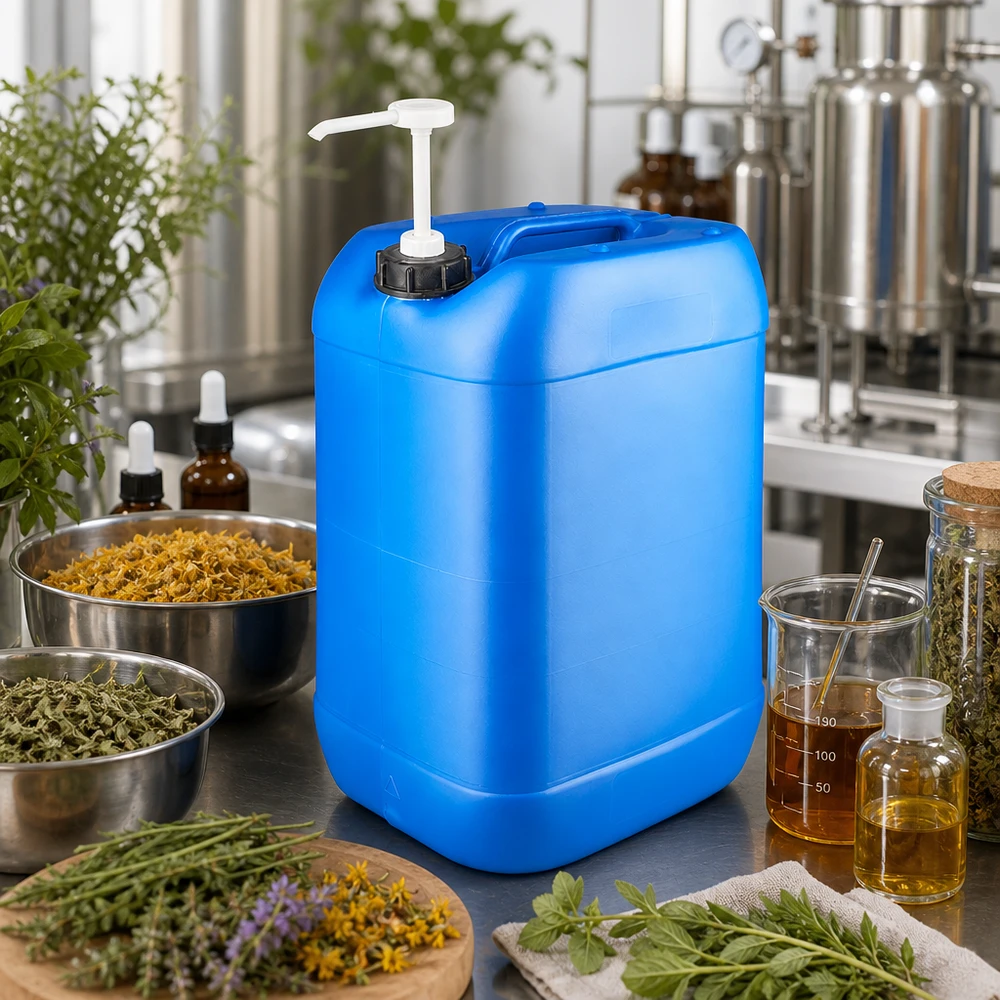 Kanister 25L blau mit Dosierpumpe für Kräuterextrakte und ätherische Öle in der Naturproduktion