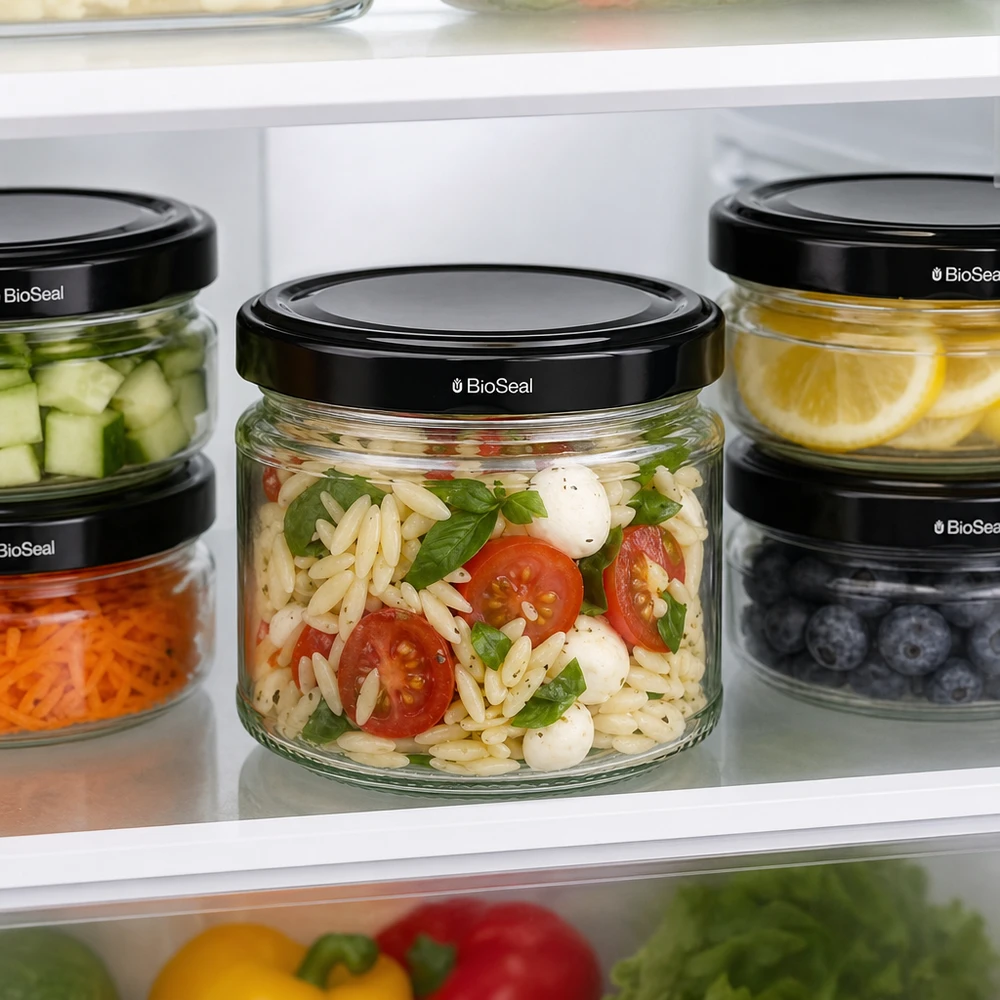 UniTWIST Runda330 Gläser mit schwarzen TO82 BioSeal Deckeln im Kühlschrank zur Aufbewahrung von Salat und Lebensmitteln