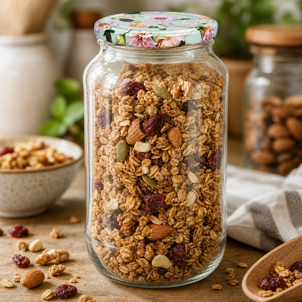1062ml kulatá sklenice + víčko BasicSeal flower mint UNiTWIST Vorratsglas 1062ml mit BasicSeal Blüten-Deckel mint gefüllt mit Müsli Nüssen und Trockenfrüchten Küchenlagerung