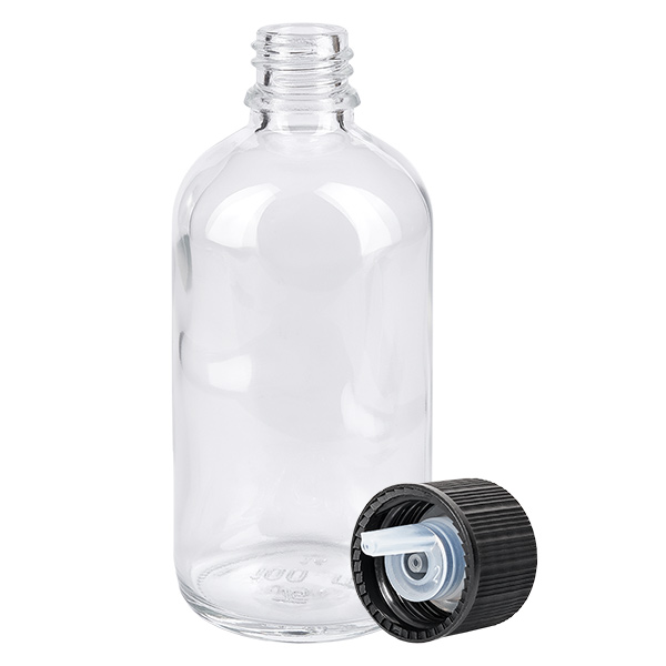 100ml kapátko lahvička 1mm černá standardní uzávěr ClearLine UT18/100 Medizinische Tropfflasche 100ml Klarglas schwarzer Kunststoffverschluss mit weißem Dosiereinsatz