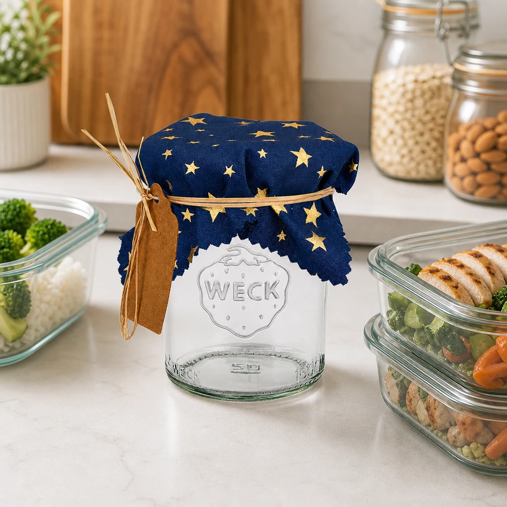 Blaues Sternen-Stoffdeckchen 12cm auf WECK-Glas in moderner Küche mit Meal-Prep-Schüsseln und Vorratsgläsern