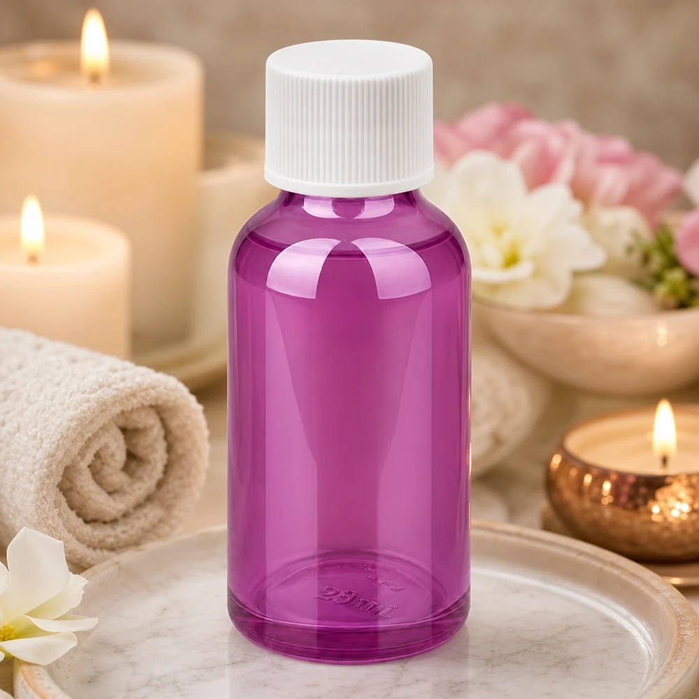 30ml láhev se šroubovacím uzávěrem 11 mm bílá standardní PurpleLine UT18/30 Robuste 30ml Flasche in Violett mit weißem Verschluss für sichere Aufbewahrung von Essenzen