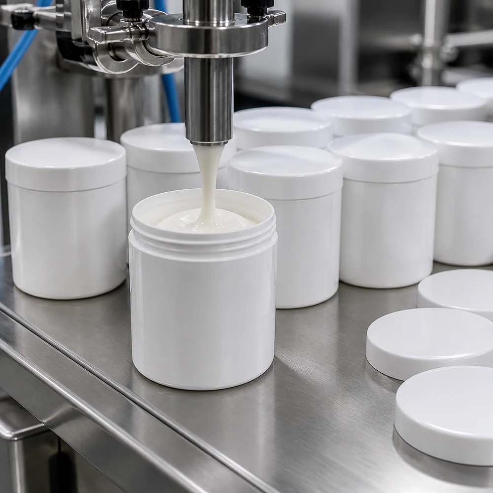Dóza na mast 800g bílá s bílým šroubovacím víčkem (polypropylen) Automatická plnicí linka plní bílé 800g PP kelímky na masti se šroubovacím víčkem