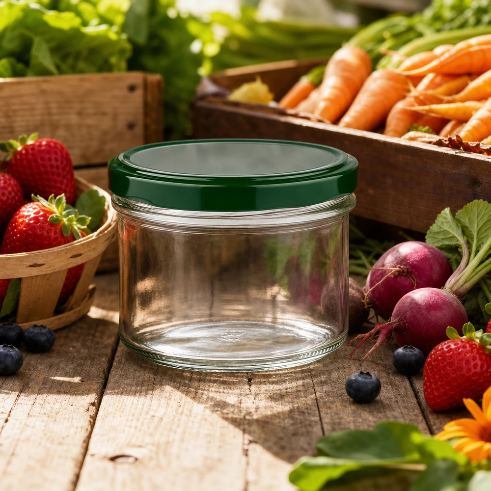 225ml Einmachglas mit grünem Deckel zwischen frischem Obst und Gemüse auf rustikalem Holztisch arrangiert