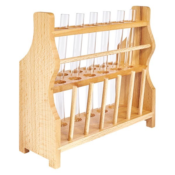Dřevěný stojan na zkumavky s 12 zkumavkami a limonádou 100x12 Dřevěný stojan na zkumavky s 12 zkumavkami a limonádou 100x12
