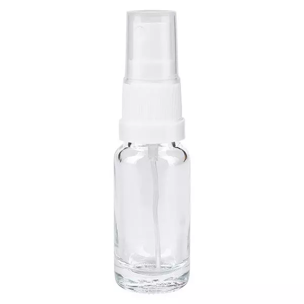 Lékárenská lahvička čirá 10ml s rozprašovacím víčkem bílá Lékárenská lahvička čirá 10ml s rozprašovacím víčkem bílá