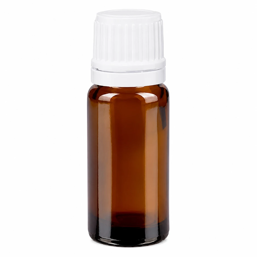 Lékárenská láhev hnědá 10ml šroubovací uzávěr bílý tamper-evidentní uzávěr. Kompakte braune Glasflasche 10ml mit tamper-evident Verschluss in Weiß für Laboranwendungen