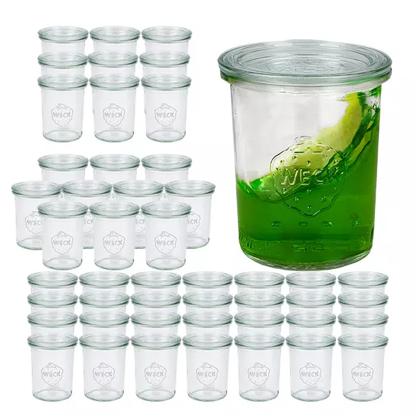 Sada 48 kelímků Weck o objemu 160 ml se 48 skleněnými víčky. Sada 48 kelímků Weck o objemu 160 ml se 48 skleněnými víčky.