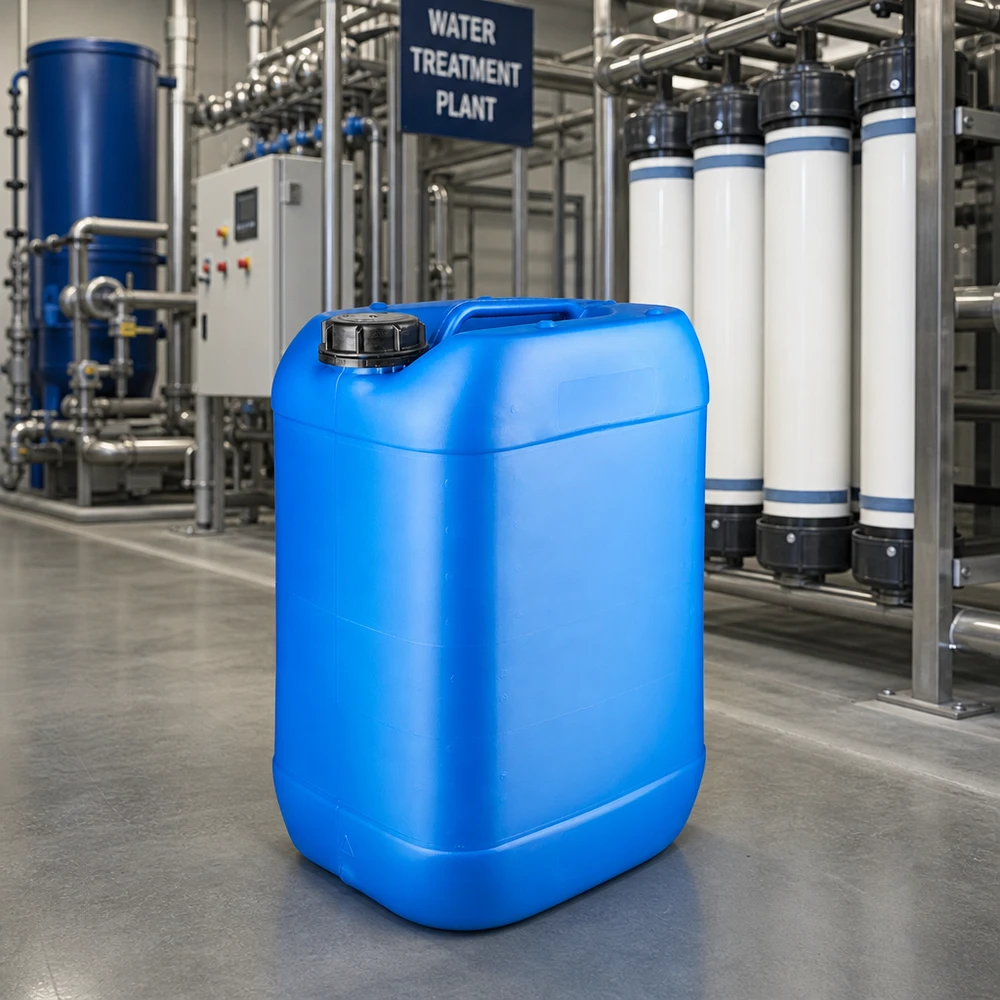 Kanystr 25 litrů modrý se šroubovacím uzávěrem s pojistkou proti otevření. Stapelbarer rechteckiger 25 Liter Blaukanister mit OV-Verschluss für chemische Industrie