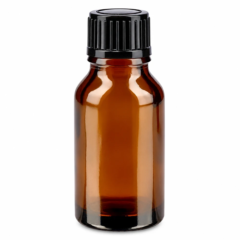 Kompakte braune Apothekerflasche 15ml mit geripptem schwarzen Verschluss aus Glas