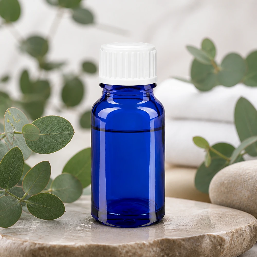 Lékárenská láhev modrá 10ml šroubovací uzávěr bílý standardní Dunkelblaue 10ml Tropfflasche aus Glas mit weißem Schraubverschluss für Essenzen