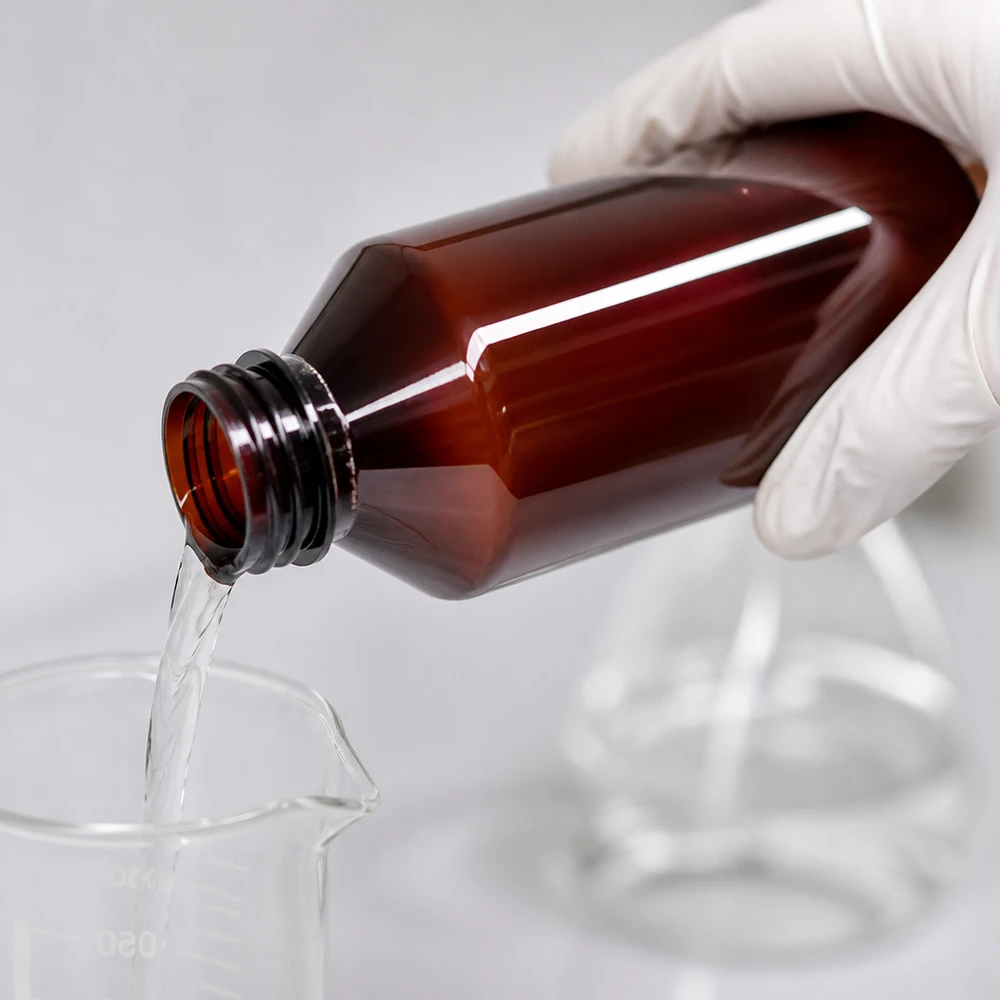 Hnědá PET láhev o objemu 1000 ml se zeleným uzávěrem při nalévání čiré tekutiny do kádinky
