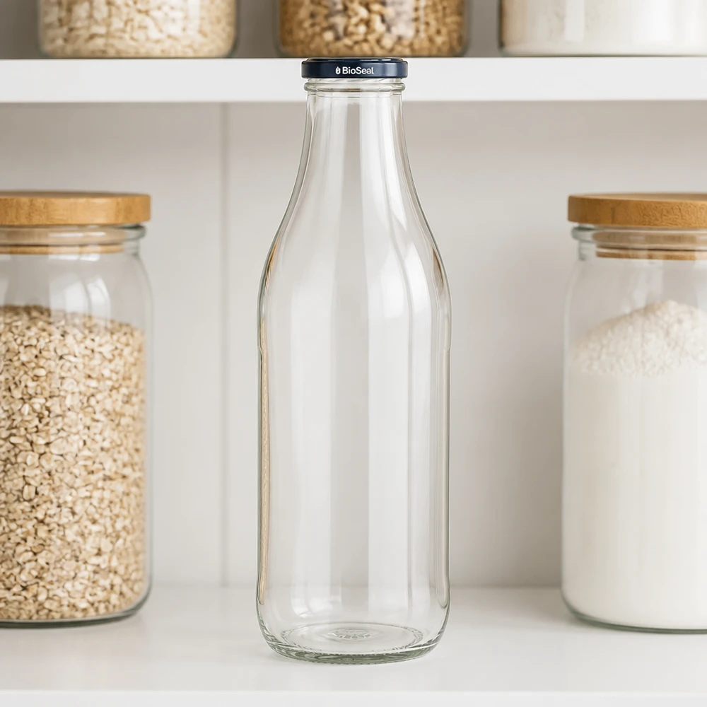1000ml skleněná láhev + víčko BioSeal černé UNiTWIST 1000ml Glasflasche BioSeal Deckel schwarz Küchenregal Aufbewahrung Vorratshaltung Getreide Haferflocken Zero Waste