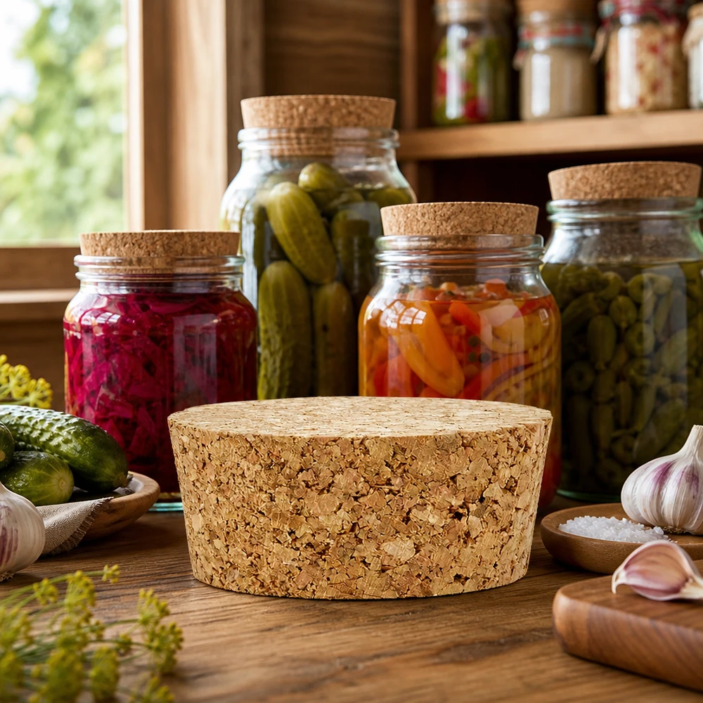 Korek pro 40mm otvor WECK RR40 (ø38/43, H=20mm). Korken RR40 für WECK Einmachgläser mit fermentierten Gurken Sauerkraut in rustikaler Küche Naturkork Verschluss 40mm