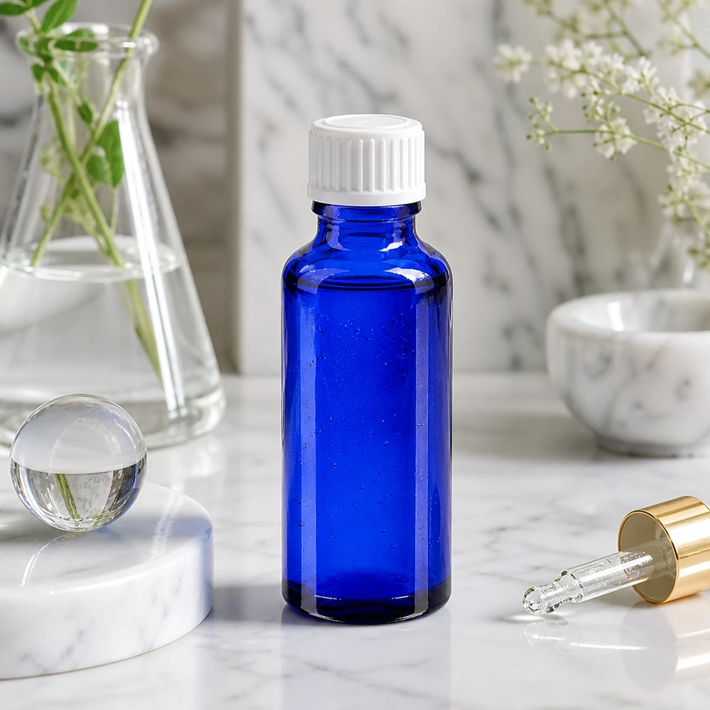 Lékárenská lahvička modrá 30ml šroubovací uzávěr bílá standardní UV-Schutz Apothekerflasche blau 30ml mit weißem 11mm Verschluss für Öle und Tinkturen
