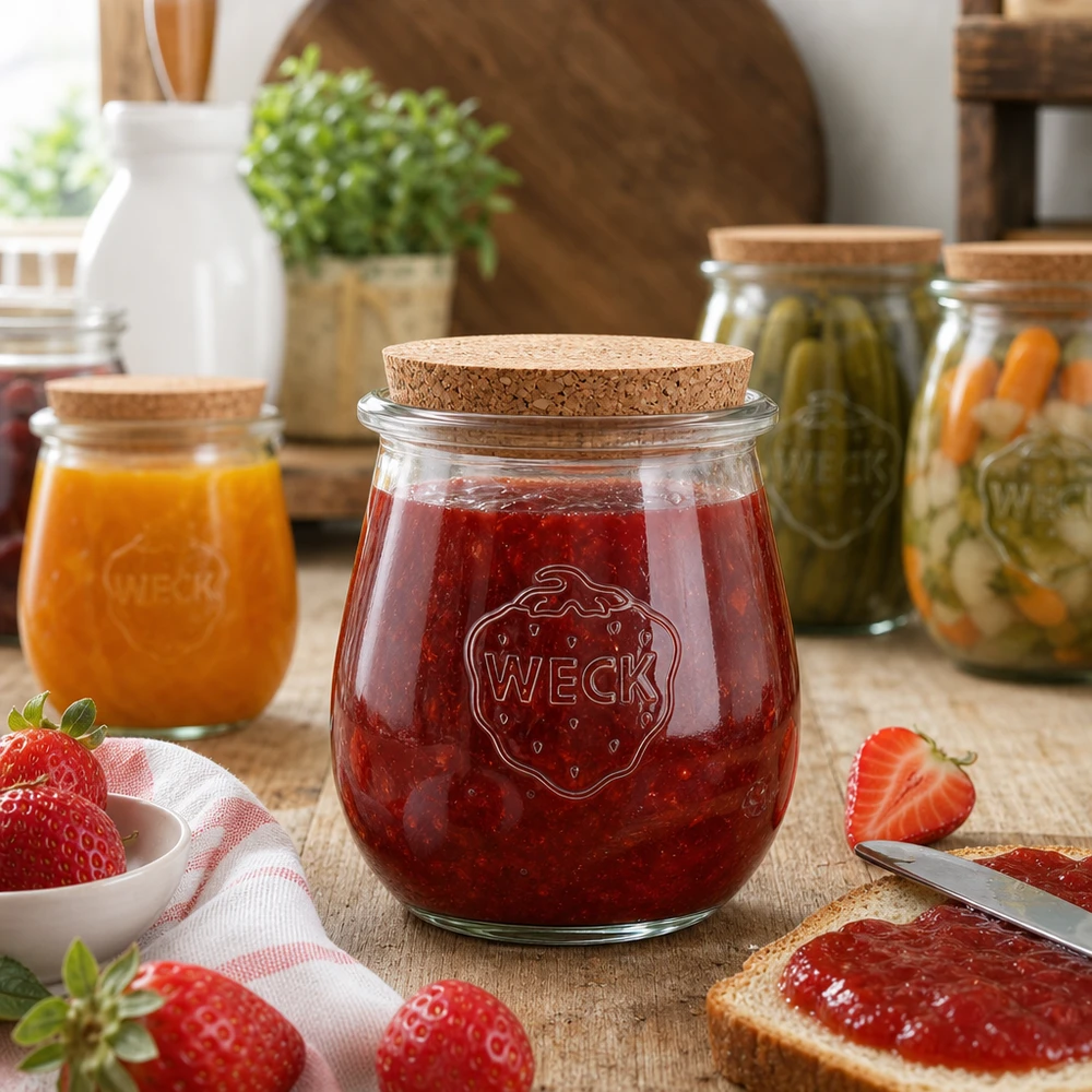 220ml tulipánová sklenice WECK RR60 s korkem přírodní WECK Tulpenglas mit Korken gefüllt mit Erdbeermarmelade in gemütlicher Küchenumgebung mit frischen Früchten
