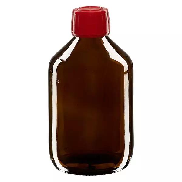 300ml lahvička na léky hnědá, červený uzávěr s tamper-evidentním kroužkem ApoGlas