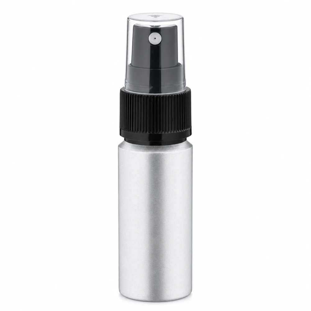 20ml lahvička z leštěného hliníku s rozprašovačem Zylindrische Aluminiumflasche 20ml mit schwarzem Sprühaufsatz matt silber