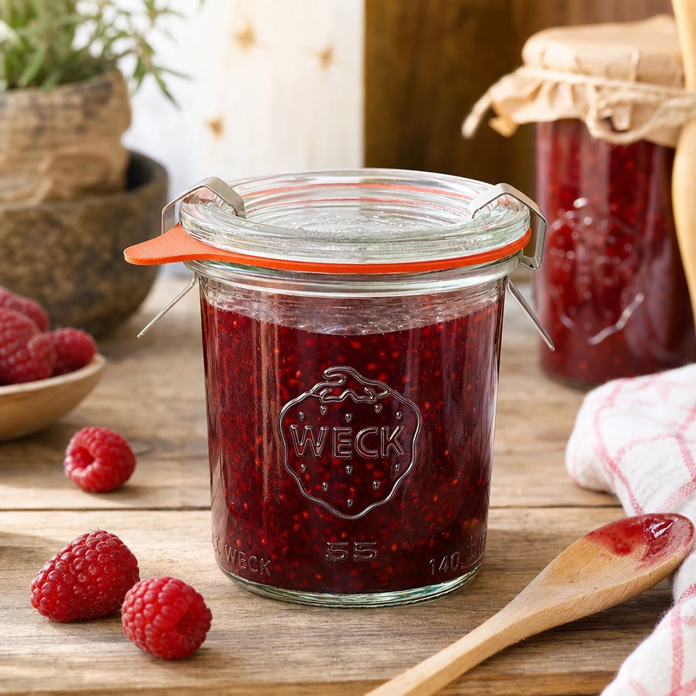 WECK Einmachglas 140ml RR60 mit Himbeermarmelade gefüllt in rustikaler Küche mit frischen Beeren und Holzlöffel