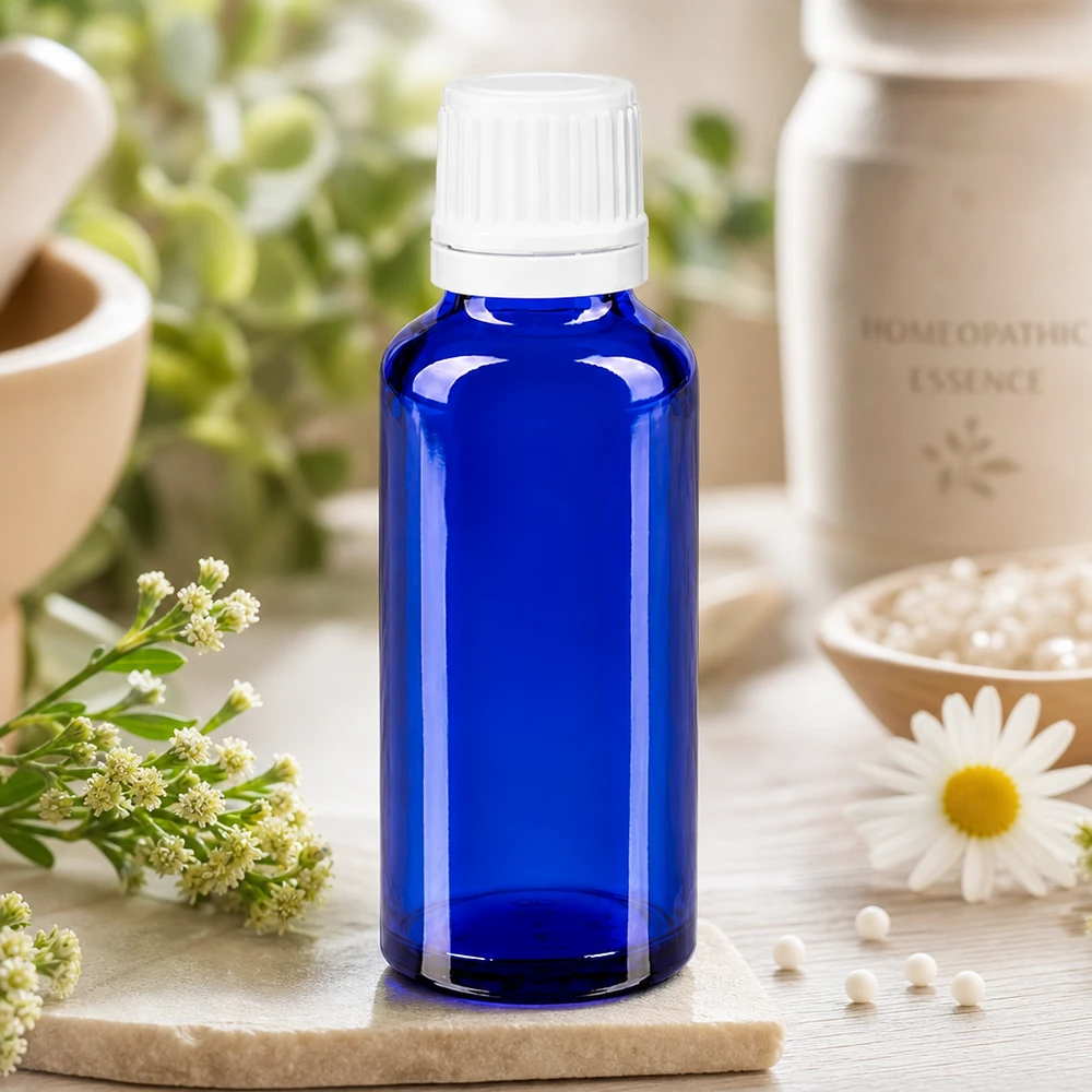 Lékárenská lahvička modrá 30ml kapací uzávěr 1,2mm bílý uzávěr chráněný proti manipulaci. UV-schützende 30ml Blauglasflasche mit weißem Dosierverschluss für empfindliche Natursubstanzen