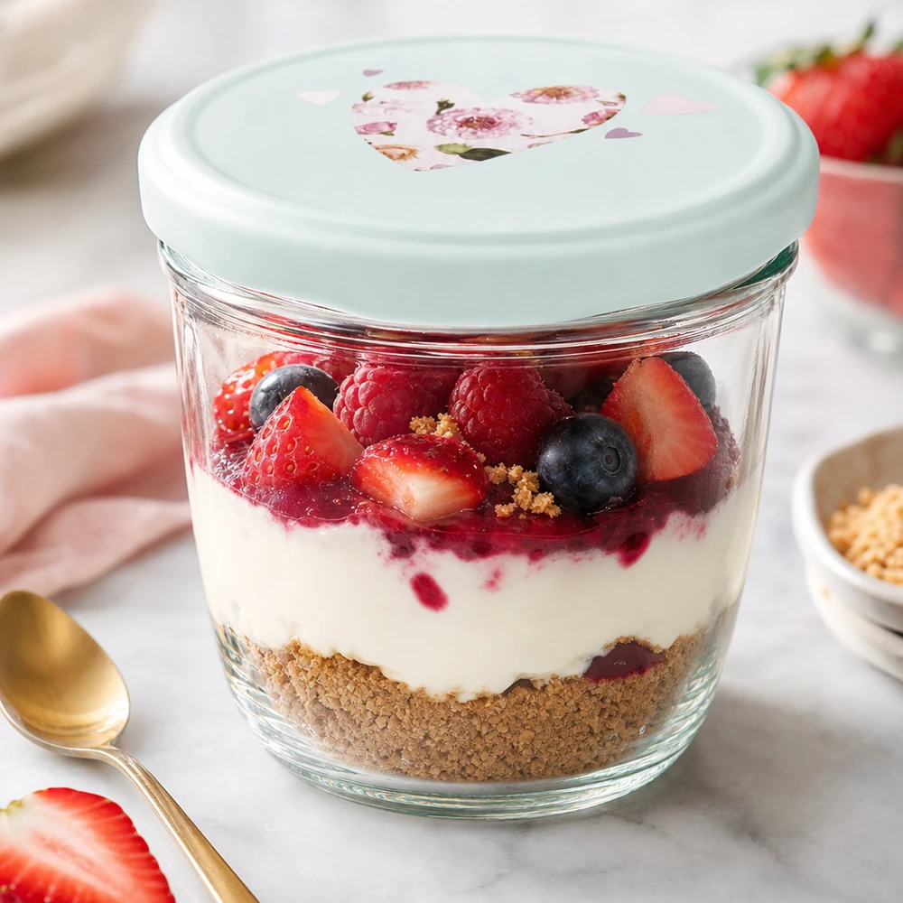 230ml kelímky + víčko BasicSeal srdíčková máta UNiTWIST Beeren-Dessert im 230ml Sturzglas mit mint BasicSeal Herz-Deckel, Schichtdessert mit Joghurt und frischen Früchten