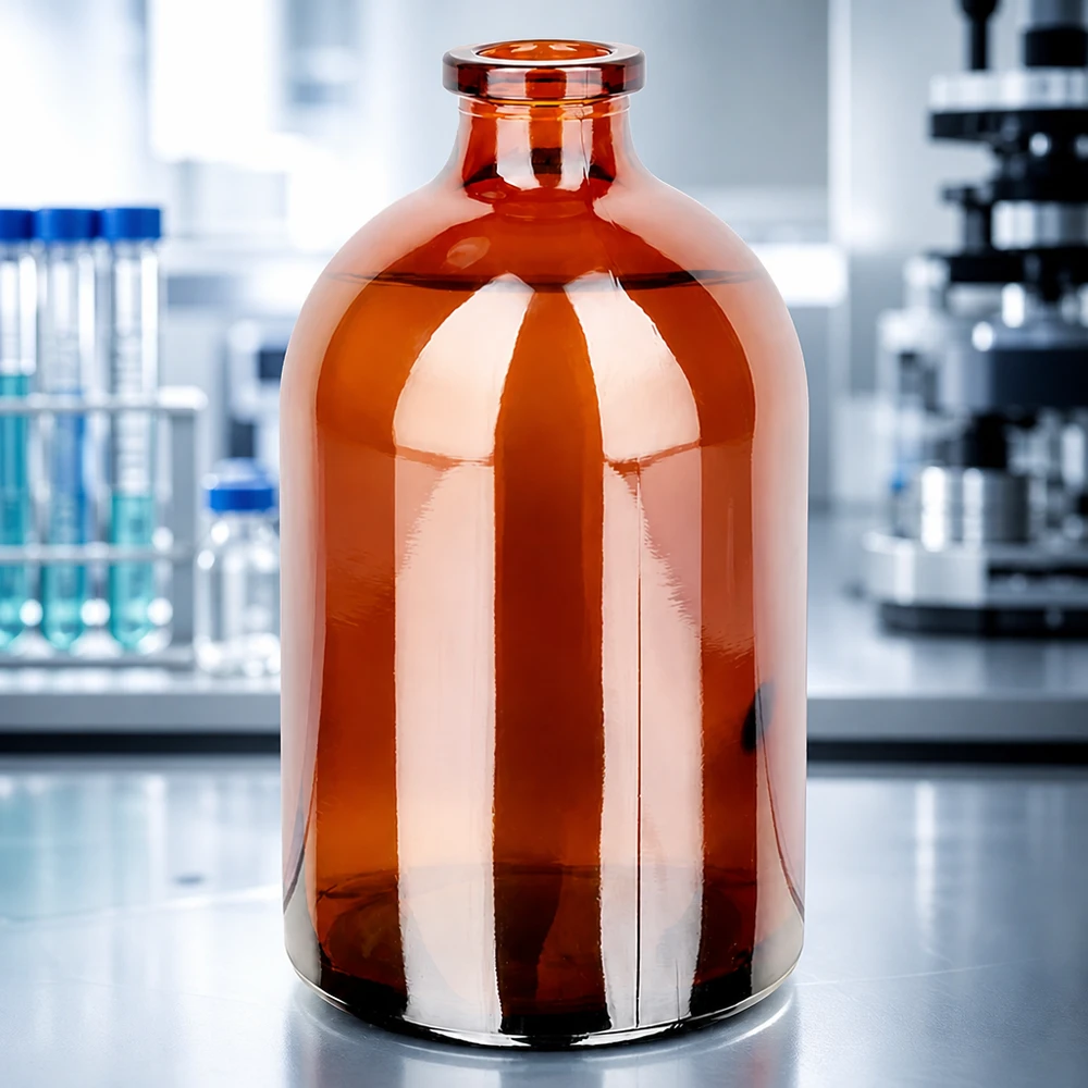 Injekční lahvička z jantarového skla 100ml Injektionsflasche 100ml Braunglas mit bauchiger Korpusform und engem Rollrandhals ohne Verschluss