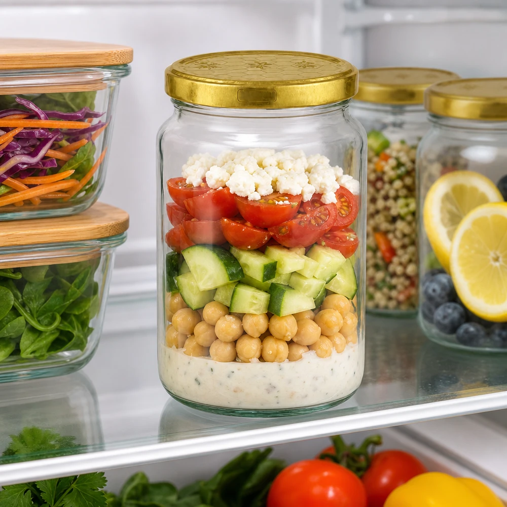 795ml Rundglas mit goldenem Deckel für Meal Prep Salat im Kühlschrank - perfekt für Vorratshaltung