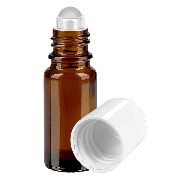Lékárenská lahvička hnědá 10ml roll-on uzávěr bílý Lékárenská lahvička hnědá 10ml roll-on uzávěr bílý