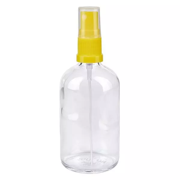 Lékárenská lahvička čirá 100ml s rozprašovacím uzávěrem žlutá Lékárenská lahvička čirá 100ml s rozprašovacím uzávěrem žlutá