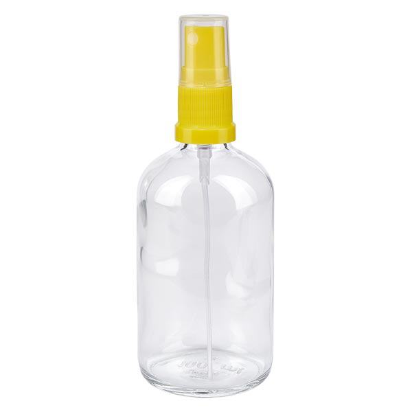 Lékárenská lahvička čirá 100ml s rozprašovacím uzávěrem žlutá Lékárenská lahvička čirá 100ml s rozprašovacím uzávěrem žlutá
