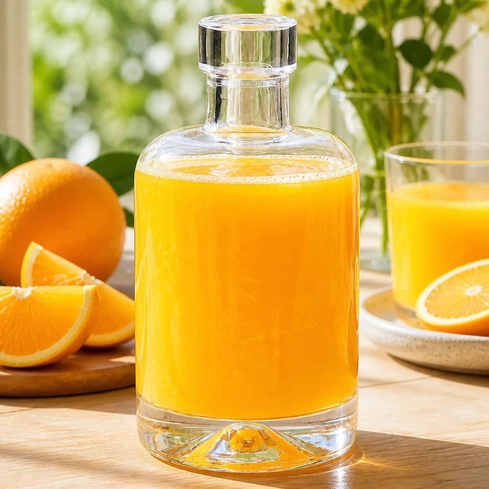 50ml Glasflasche Amelie mit Orangensaft befüllt neben frischen Orangen zeigt Verwendung für Fruchtsäfte und Smoothies