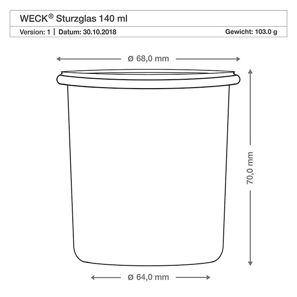 Mini sklenice WECK 140ml kompletní se lžičkou na med WECK Sturzglas 140ml technische Zeichnung Maße Abmessungen 68mm Durchmesser 70mm Höhe Produktspezifikation