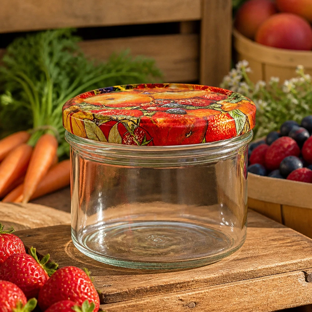 225ml kelímky + víčko BasicSeal s dekorem ovoce UNiTWIST 225ml Sturzglas Obst-Dekor auf Holzbrett mit frischen Beeren, Karotten und Äpfeln für natürliche Konservierung