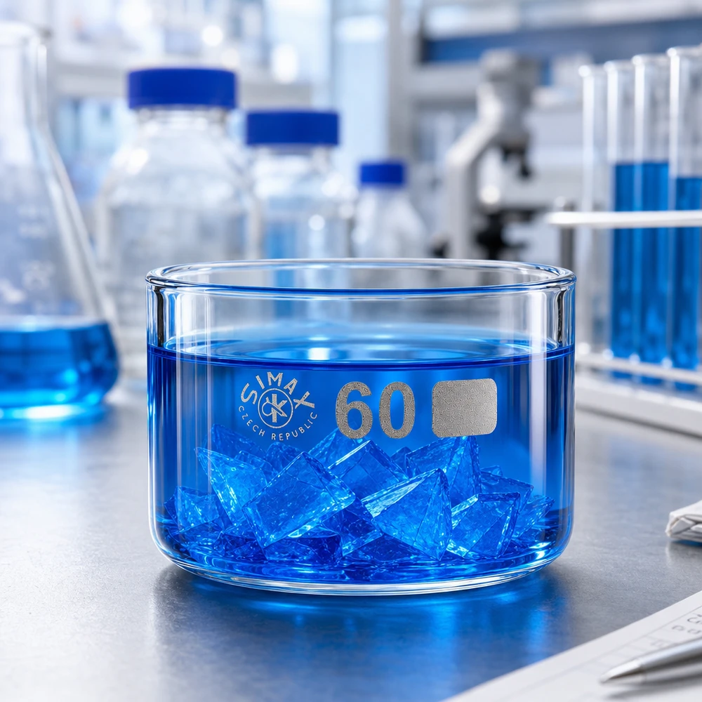 60ml krystalizační miska bez výlevky borosilikátová ø60mm Niedrige Glasschale 60ml Simax für Präzisionsexperimente mit blauen Kristallen