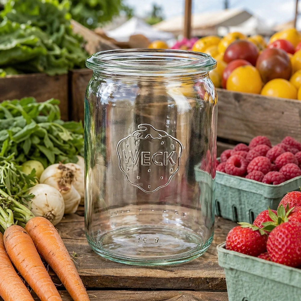 145ml válcová sklenice WECK RR40 s dřevěným dřívkem. WECK RR40 Zylinderglas 145ml auf Marktstand zwischen frischen Karotten, Erdbeeren, Himbeeren und buntem Gemüse präsentie
