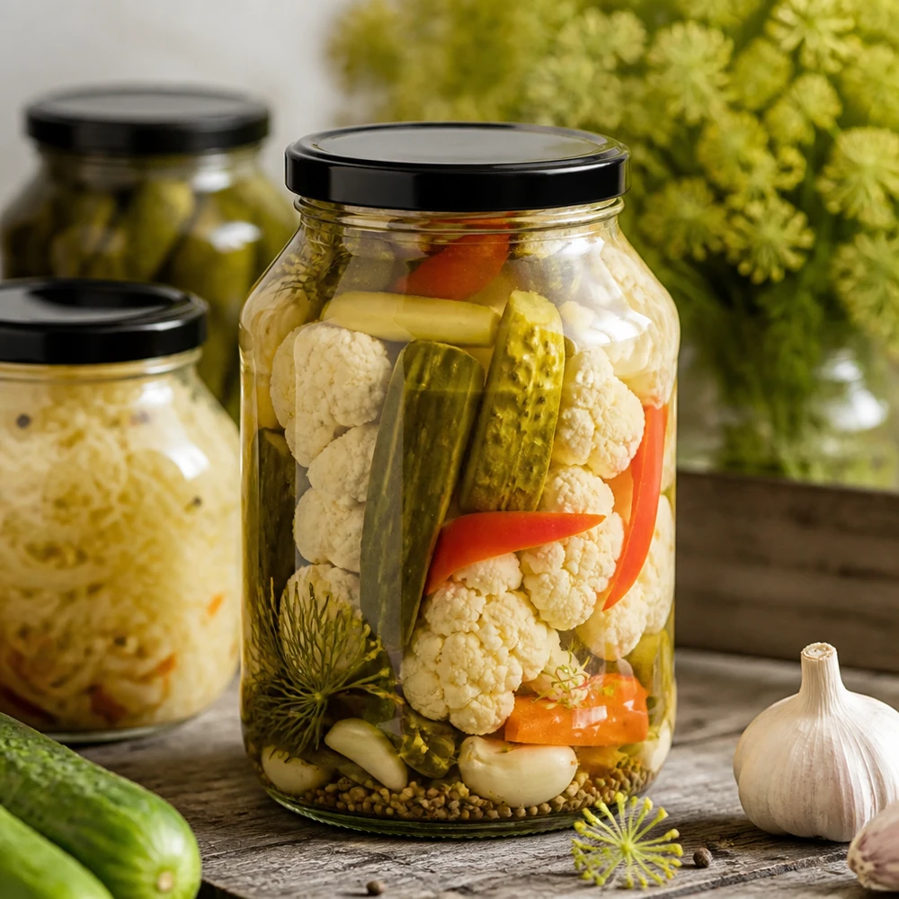 2650ml kulatá sklenice s víčkem BasicSeal černá UNiTWIST Einmachglas 2650ml mit schwarzem Deckel gefüllt mit eingelegtem Gemüse Gurken Blumenkohl auf Holztisch