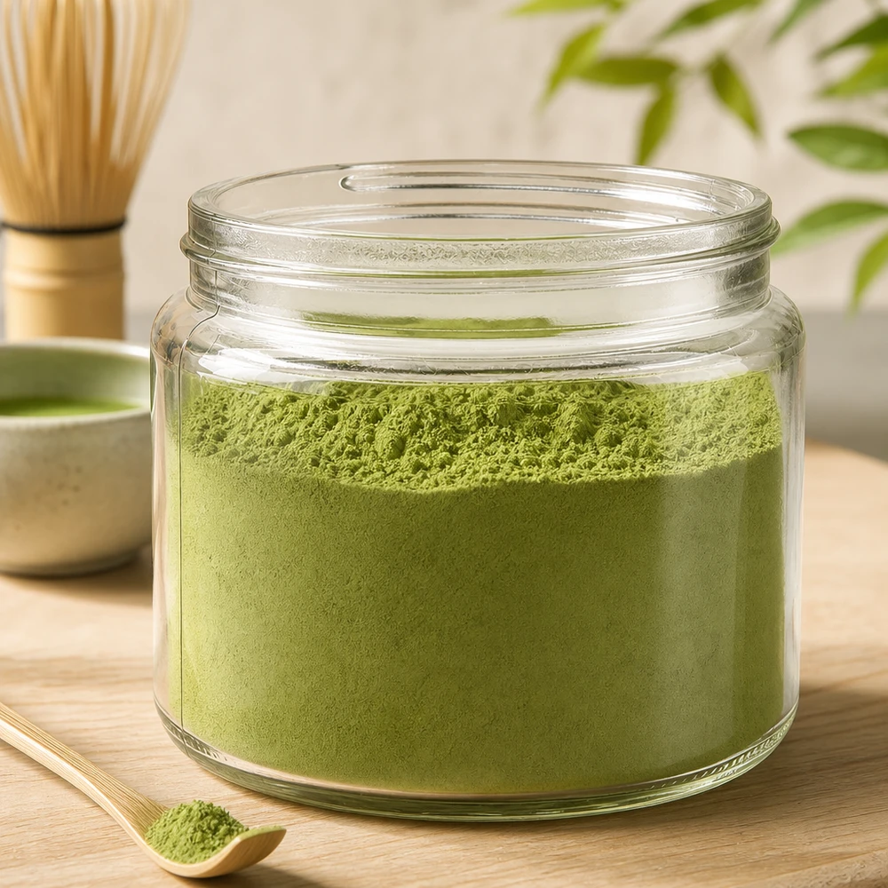 Dóza na mast (skleněná dóza) 250 ml čirá, bez víčka, závit 83 mm/R3 Glastiegel 250ml klar mit grünem Matcha-Pulver befüllt neben Bambus-Rührbesen auf Holztisch Tee-Zubereitung